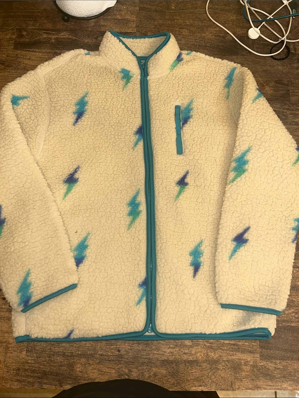 Old Navy Cream Sherpa Jacket with Teal Lightning Bolts